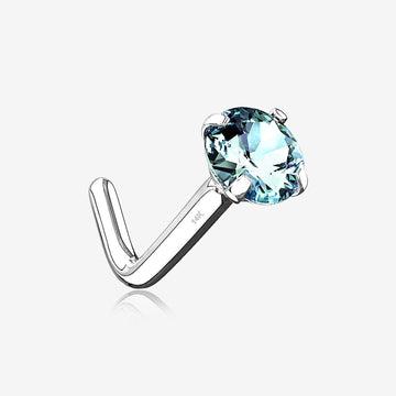 14 Karat White Gold Prong Set Gem Top L-Shaped Nose Ring-Aqua